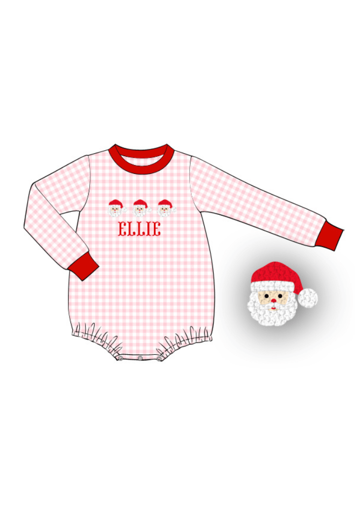 The Smocked Flamingo Pre-Order French Knot Santa Custom Name Pink Gingham Bubble