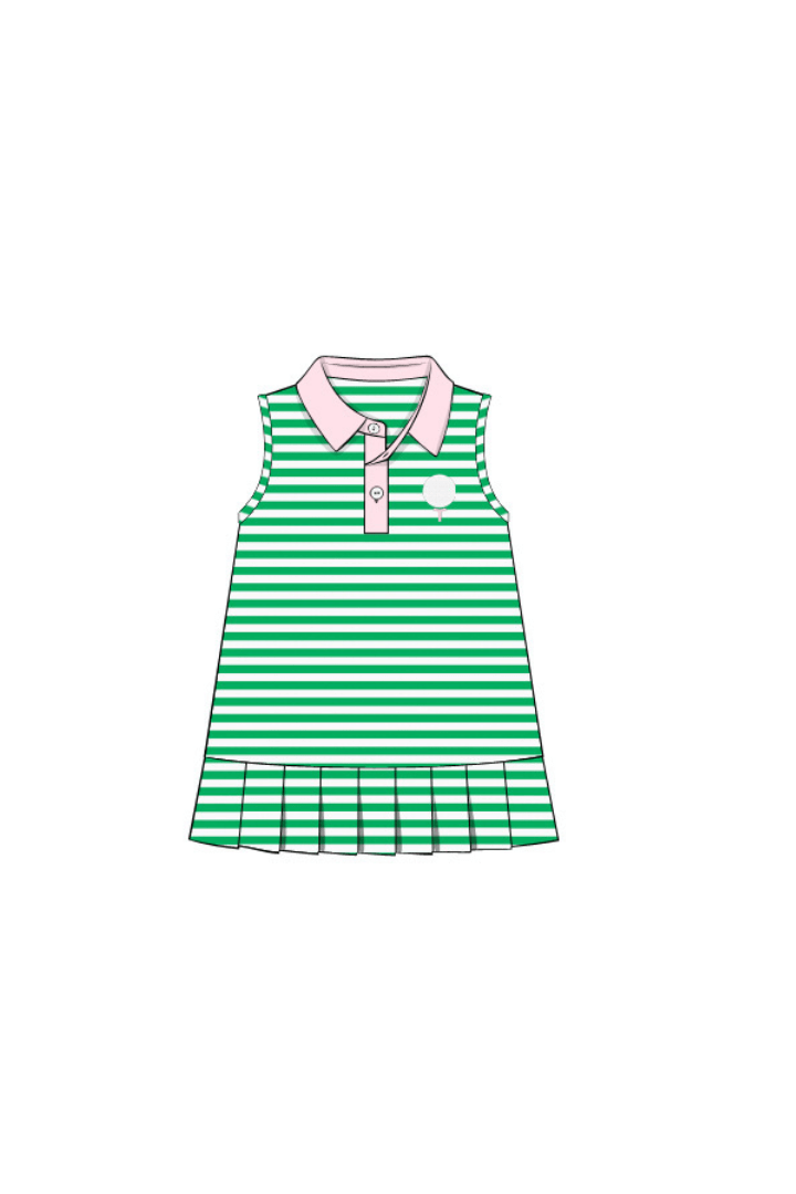 The Smocked Flamingo Pre-Order Green Stripe Flamingo Golf Dress