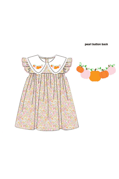 The Smocked Flamingo Pre-Order Hand Embroidered Pumpki Flutter Sleeve Dress