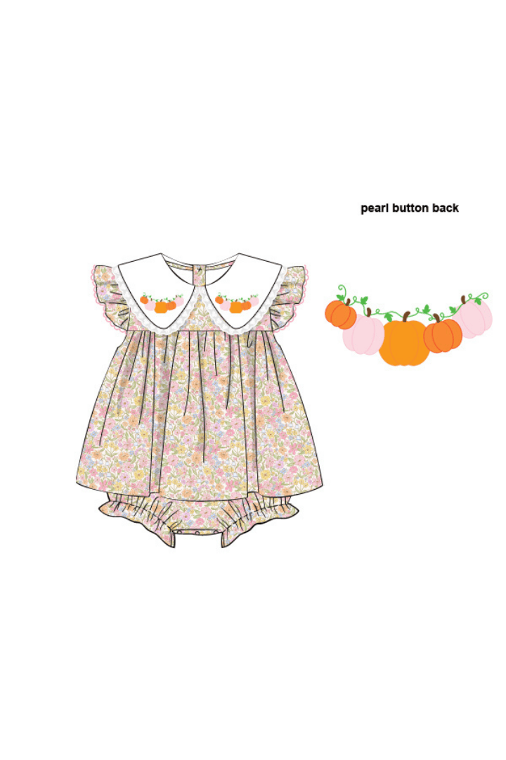 The Smocked Flamingo Pre-Order Hand Embroidered Pumpki Flutter Sleeve Skirted Bubble