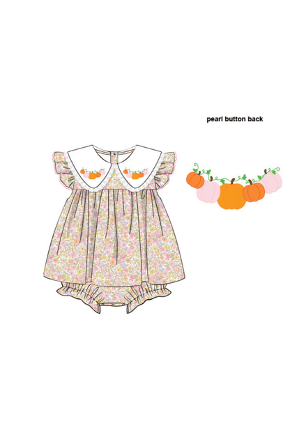 The Smocked Flamingo Pre-Order Hand Embroidered Pumpki Flutter Sleeve Skirted Bubble