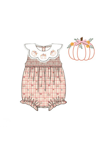 The Smocked Flamingo Pre-Order Hand Embroidered Pumpkin Fall Plaid Floral Corduroy Bubble