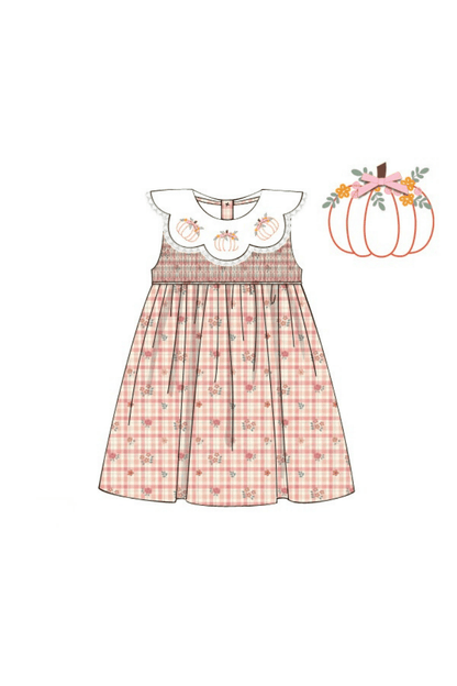 The Smocked Flamingo Pre-Order Hand Embroidered Pumpkin Fall Plaid Floral Corduroy Dress