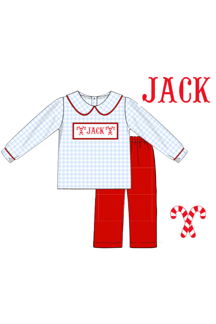 The Smocked Flamingo Pre-Order Hand Smocked Blue Gingham Custom Name Candy Cane Pant Set