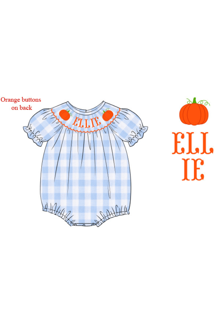 The Smocked Flamingo Pre-Order Hand Smocked Custom Blue Gingham Pumpkin Bubble