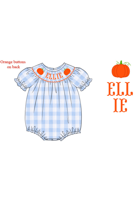 The Smocked Flamingo Pre-Order Hand Smocked Custom Blue Gingham Pumpkin Bubble
