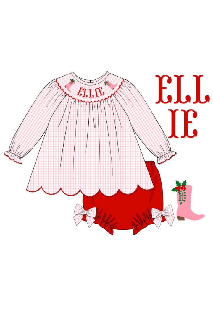The Smocked Flamingo Pre-Order Hand Smocked Custom Christmas Cowboy Boots Bloomer Set