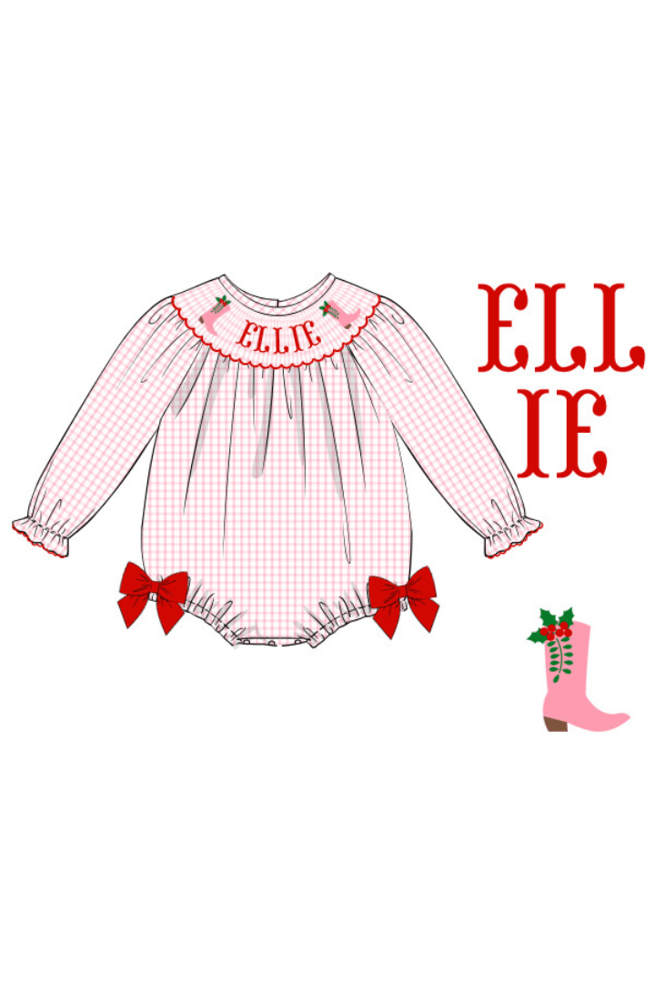 The Smocked Flamingo Pre-Order Hand Smocked Custom Christmas Cowboy Boots Bubble