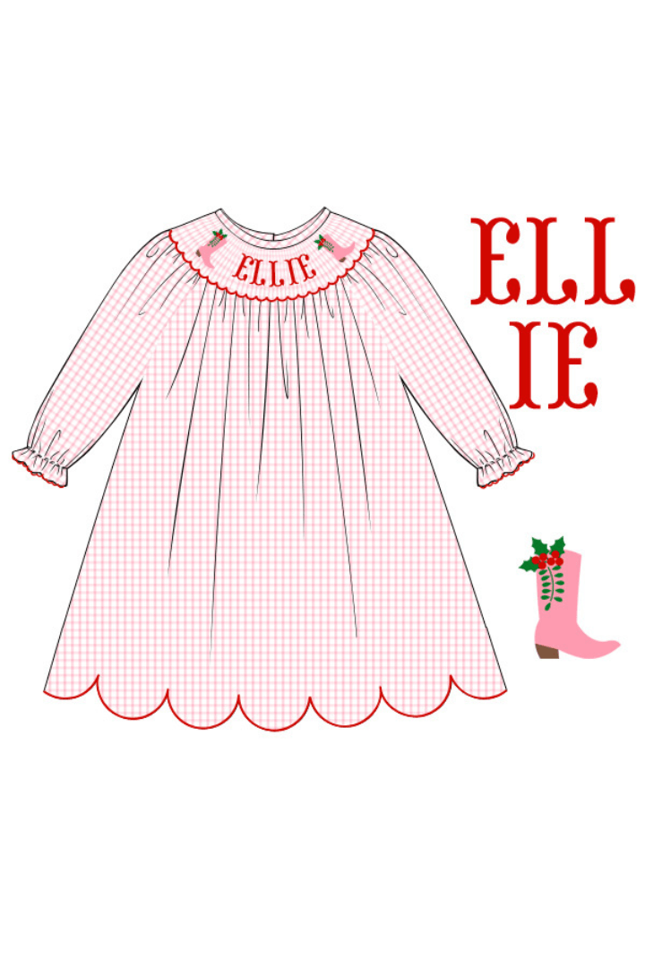 The Smocked Flamingo Pre-Order Hand Smocked Custom Christmas Cowboy Boots Dress