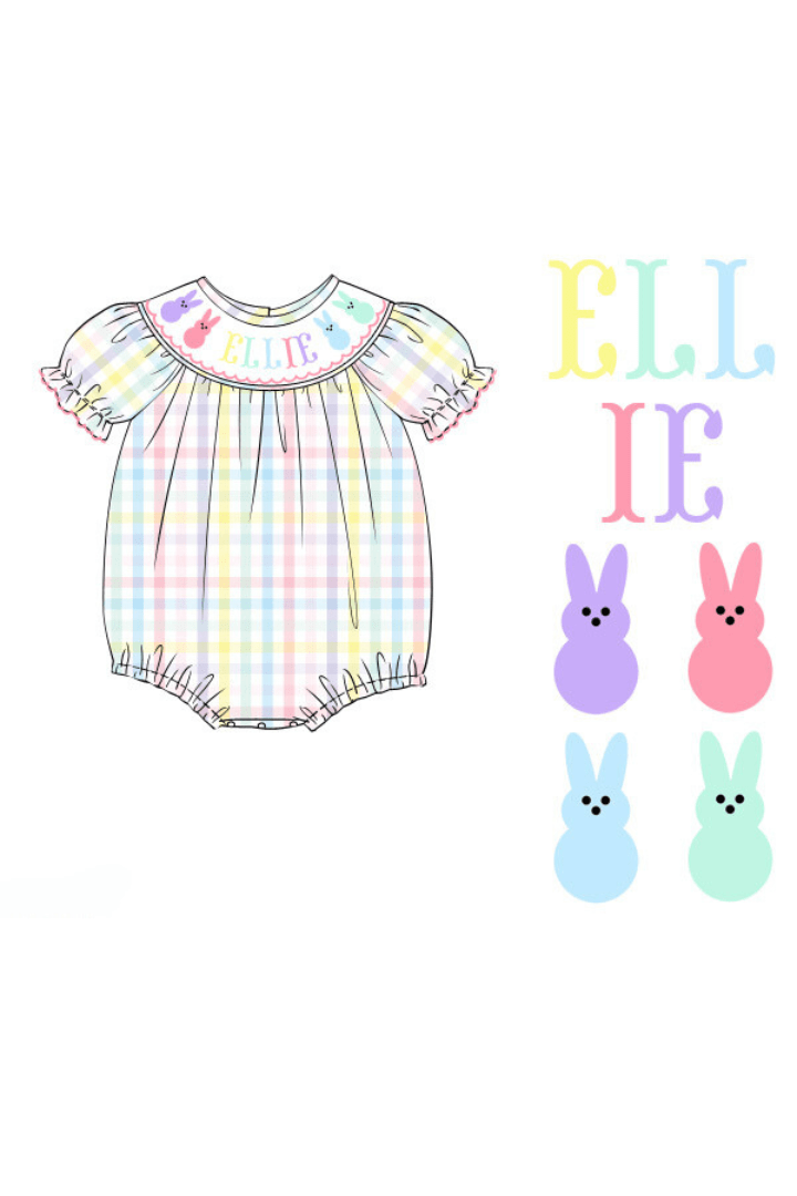The Smocked Flamingo Pre-Order Hand Smocked Custom Multi Color Name Pastel Plaid Peep Bubble