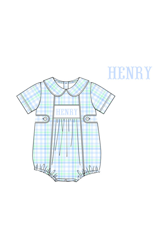The Smocked Flamingo Pre-Order Hand Smocked Custom Name Blue and Green Plaid Bubble