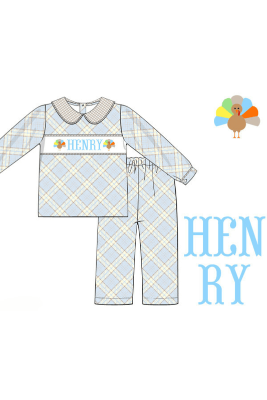 The Smocked Flamingo Pre-Order Hand Smocked Custom Name Blue and Khaki Pant Set