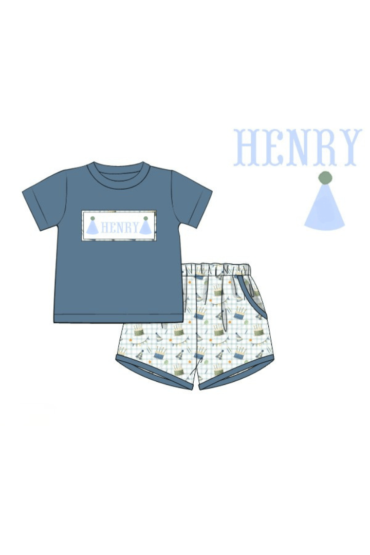The Smocked Flamingo Pre-Order Hand Smocked Custom Name Blue Birthday Short Set
