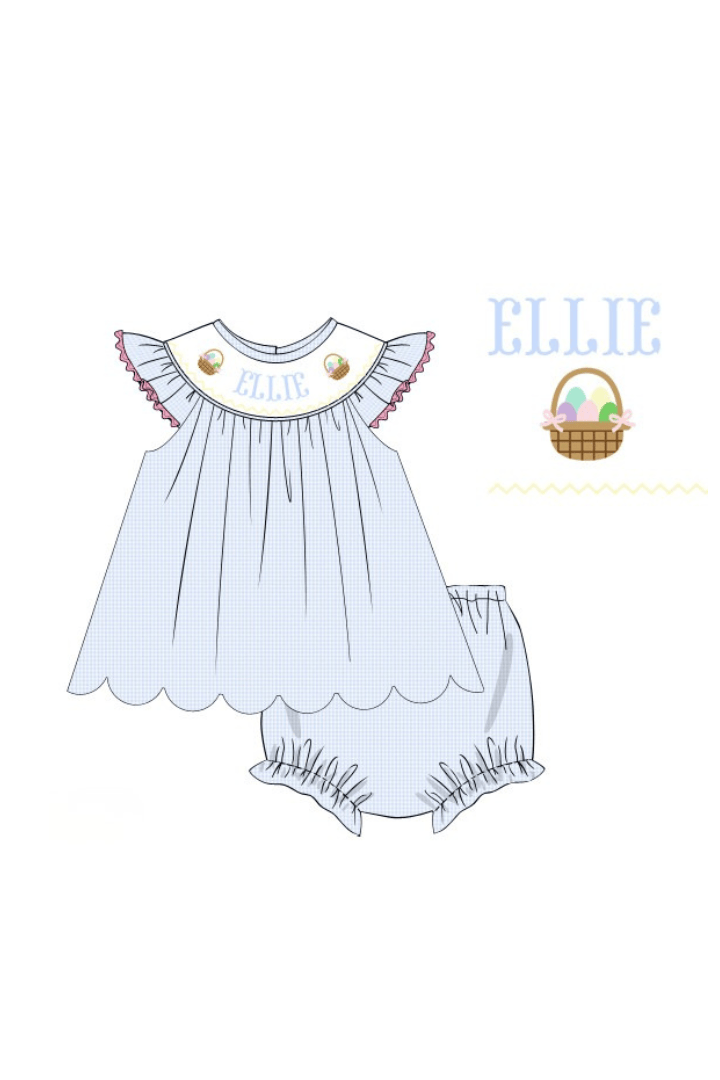 The Smocked Flamingo Pre-Order Hand Smocked Custom Name Blue Gingham Easter Basket Bishop Bloomer Set