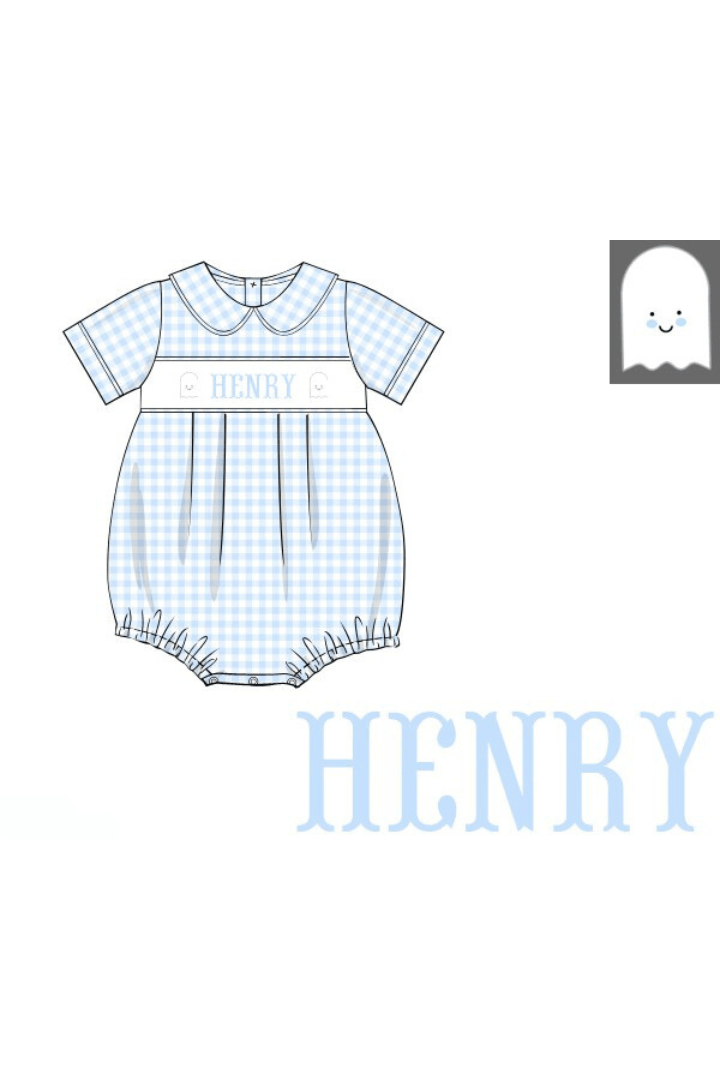 The Smocked Flamingo Pre-Order Hand Smocked Custom Name Blue Gingham Ghost Bubble