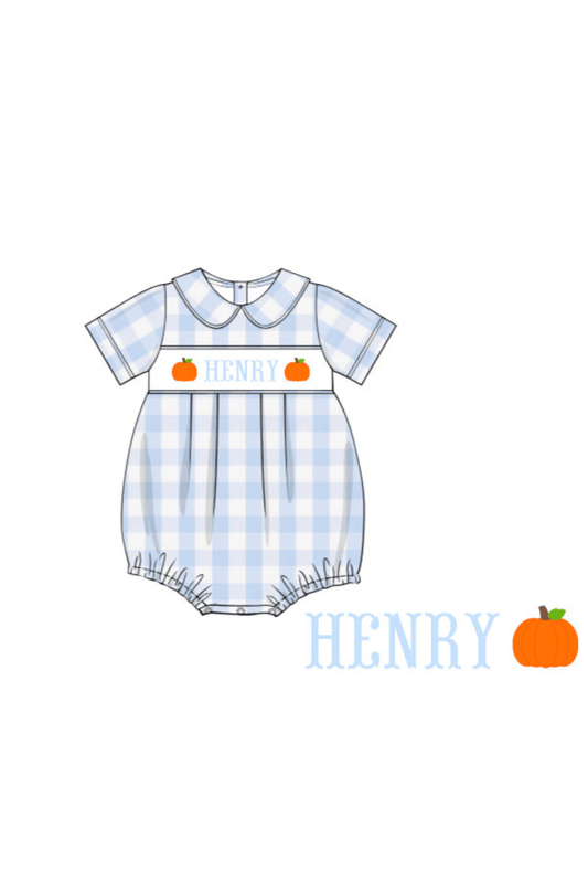 The Smocked Flamingo Pre-Order Hand Smocked Custom Name Blue Gingham Pumpkin Bubble-BOY