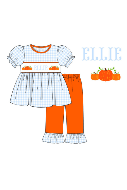 The Smocked Flamingo Pre-Order Hand Smocked Custom Name Blue Gingham Pumpkin Ruffle Set