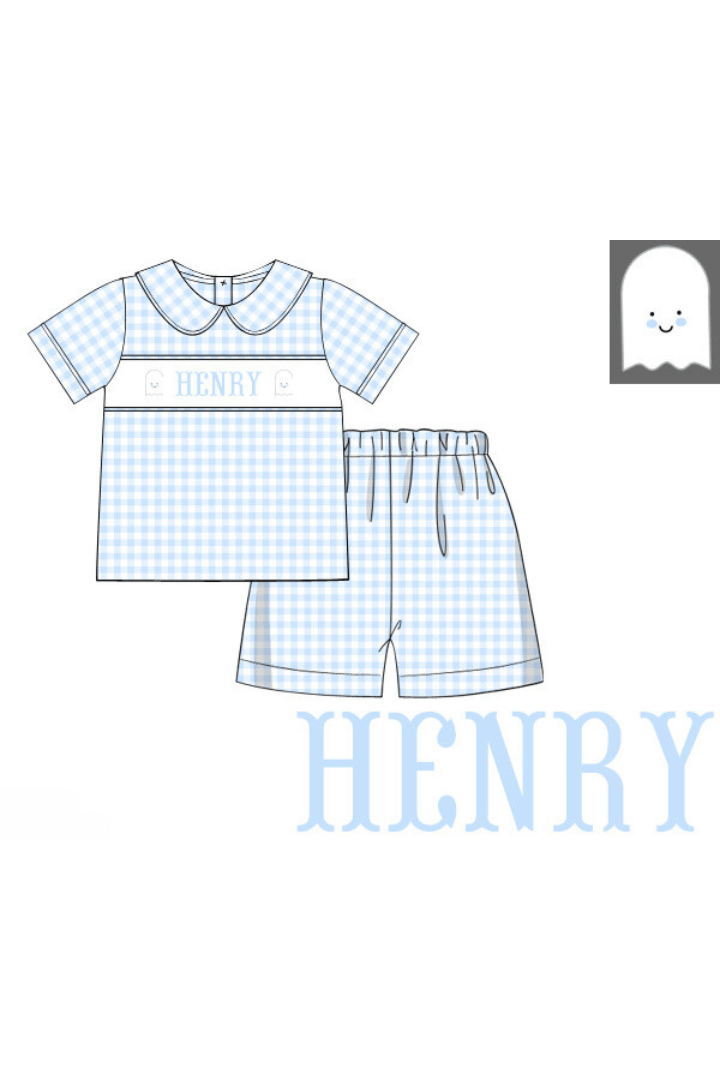 The Smocked Flamingo Pre-Order Hand Smocked Custom Name Blue Gingham Short Set