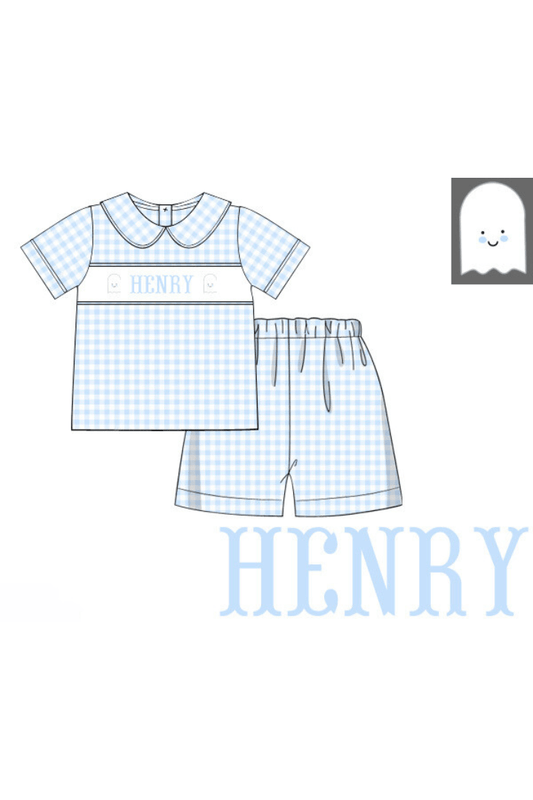 The Smocked Flamingo Pre-Order Hand Smocked Custom Name Blue Gingham Short Set