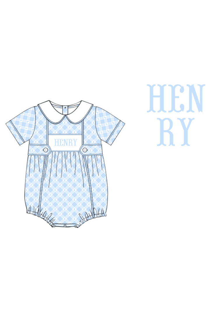 The Smocked Flamingo Pre-Order Hand Smocked Custom Name Blue Plaid Bubble