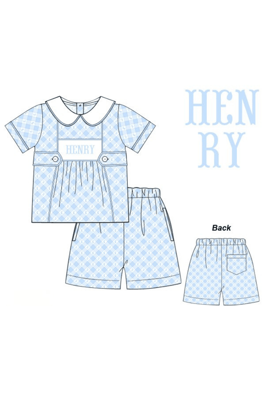 The Smocked Flamingo Pre-Order Hand Smocked Custom Name Blue Plaid Bunny Short Set