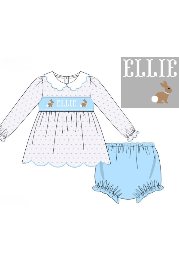 The Smocked Flamingo Pre-Order Hand Smocked Custom Name Blue Swiss Dot Bunny Bloomer Set