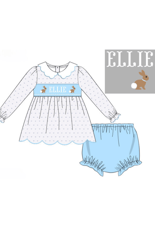 The Smocked Flamingo Pre-Order Hand Smocked Custom Name Blue Swiss Dot Bunny Bloomer Set