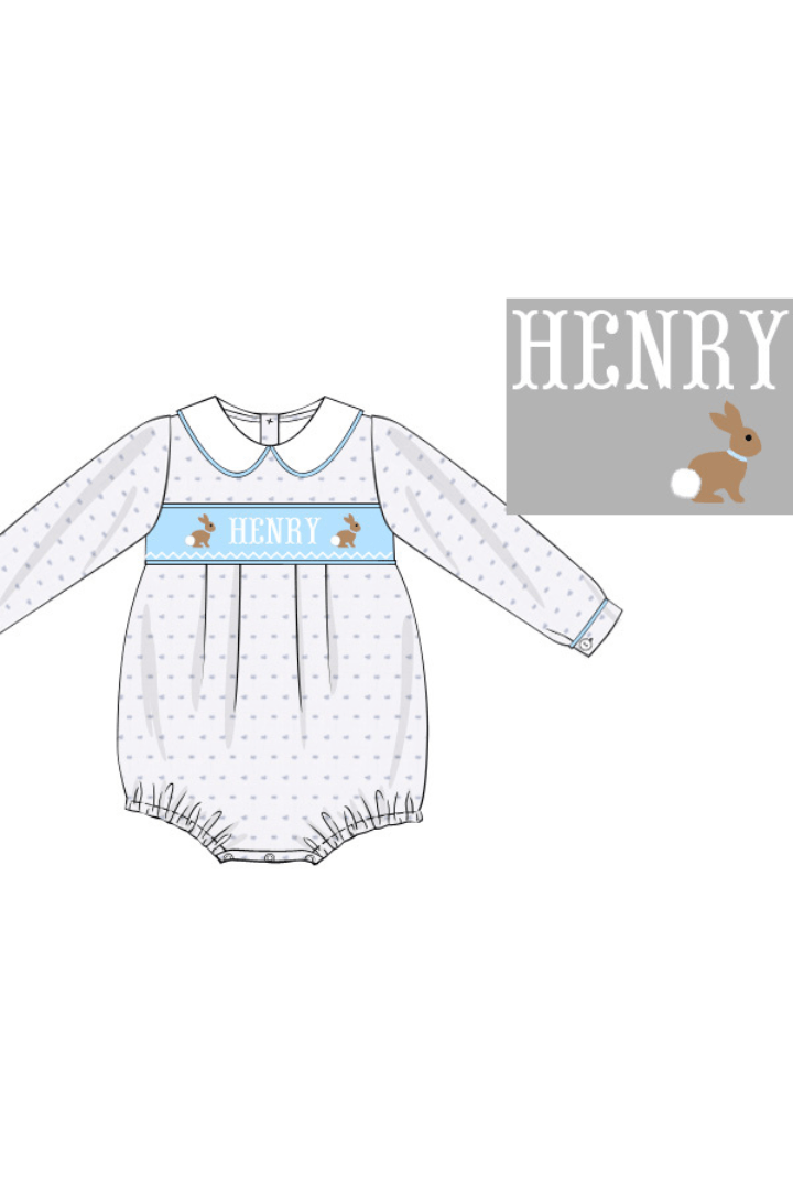 The Smocked Flamingo Pre-Order Hand Smocked Custom Name Blue Swiss Dot Bunny Bubble