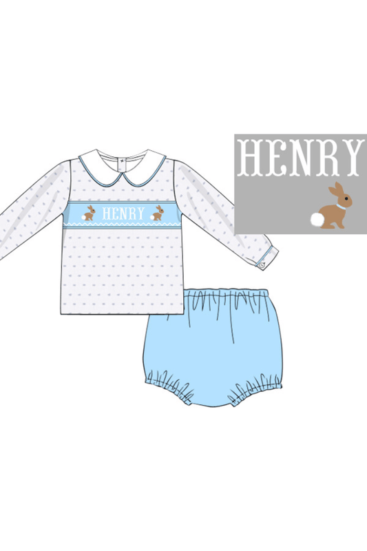 The Smocked Flamingo Pre-Order Hand Smocked Custom Name Blue Swiss Dot Bunny Diaper Set