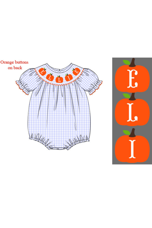 The Smocked Flamingo Pre-Order Hand Smocked Custom Name Blue Windowpane Seersucker Pumpkin Bubble