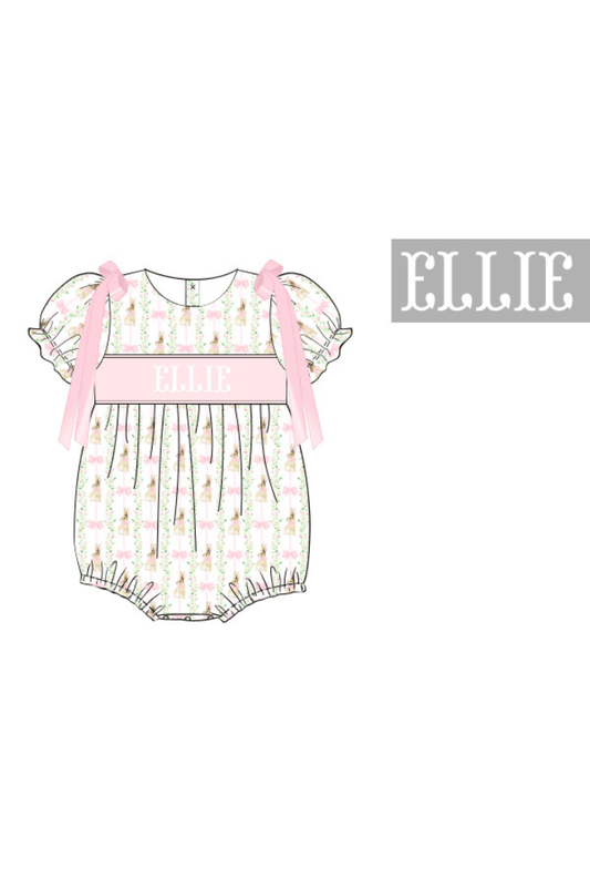 The Smocked Flamingo Pre-Order Hand Smocked Custom Name Bows and Bunnies Bubble