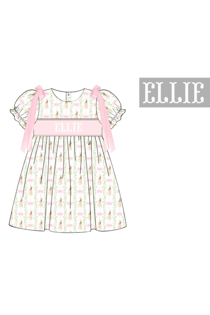 The Smocked Flamingo Pre-Order Hand Smocked Custom Name Bows and Bunnies Dress
