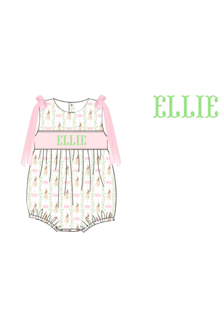 The Smocked Flamingo Pre-Order Hand Smocked Custom Name Bunnies and Bows Bubble