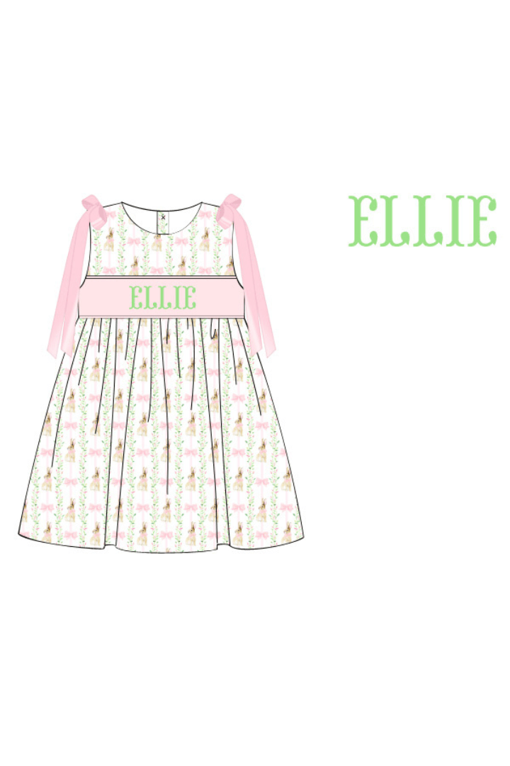 The Smocked Flamingo Pre-Order Hand Smocked Custom Name Bunnies and Bows Dress