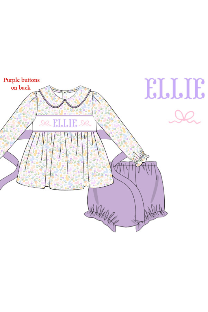 The Smocked Flamingo Pre-Order Hand Smocked Custom Name Bunny Floral Bloomer Set