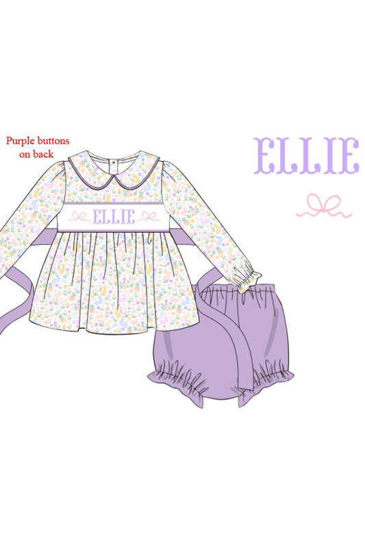 The Smocked Flamingo Pre-Order Hand Smocked Custom Name Bunny Floral Bloomer Set