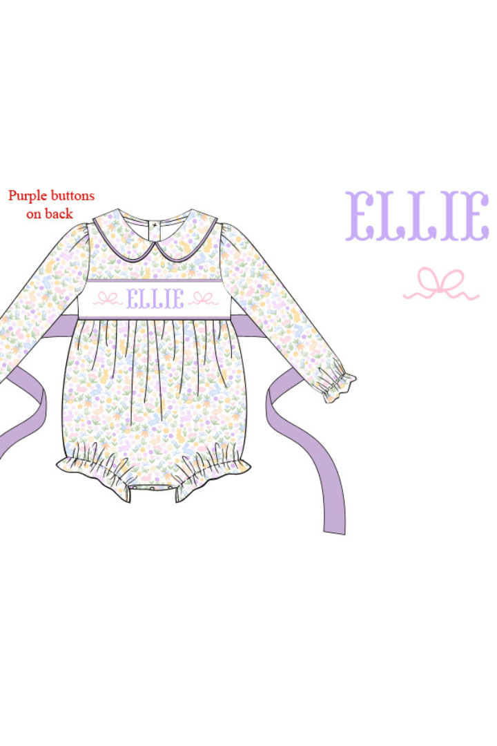 The Smocked Flamingo Pre-Order Hand Smocked Custom Name Bunny Floral Bubble