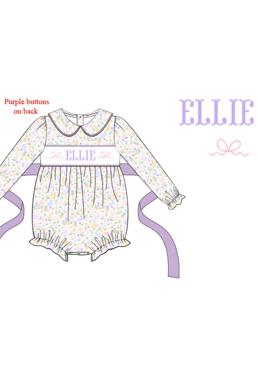 The Smocked Flamingo Pre-Order Hand Smocked Custom Name Bunny Floral Bubble