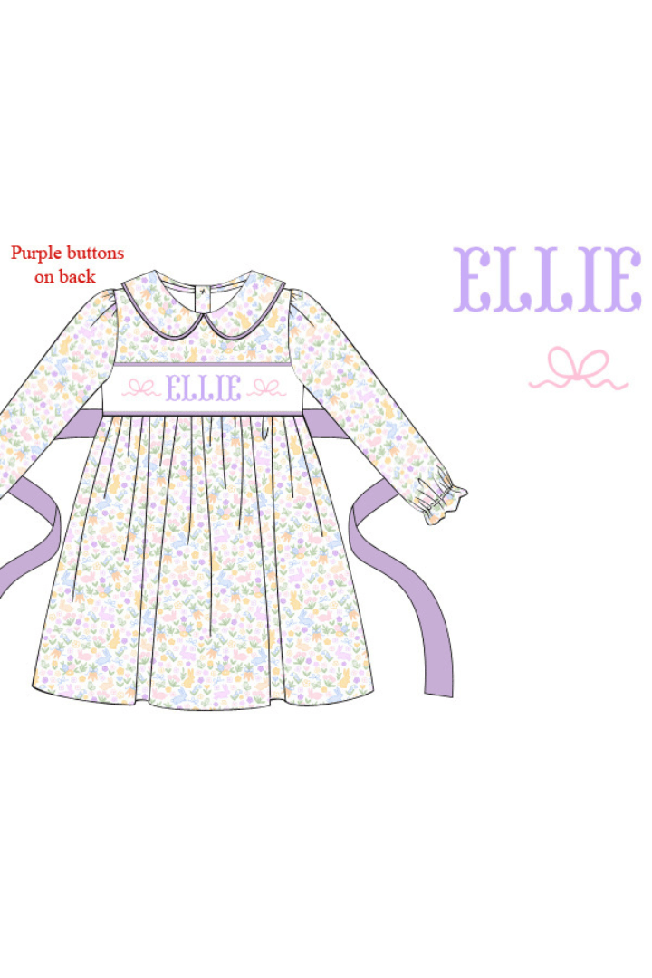 The Smocked Flamingo Pre-Order Hand Smocked Custom Name Bunny Floral Dress