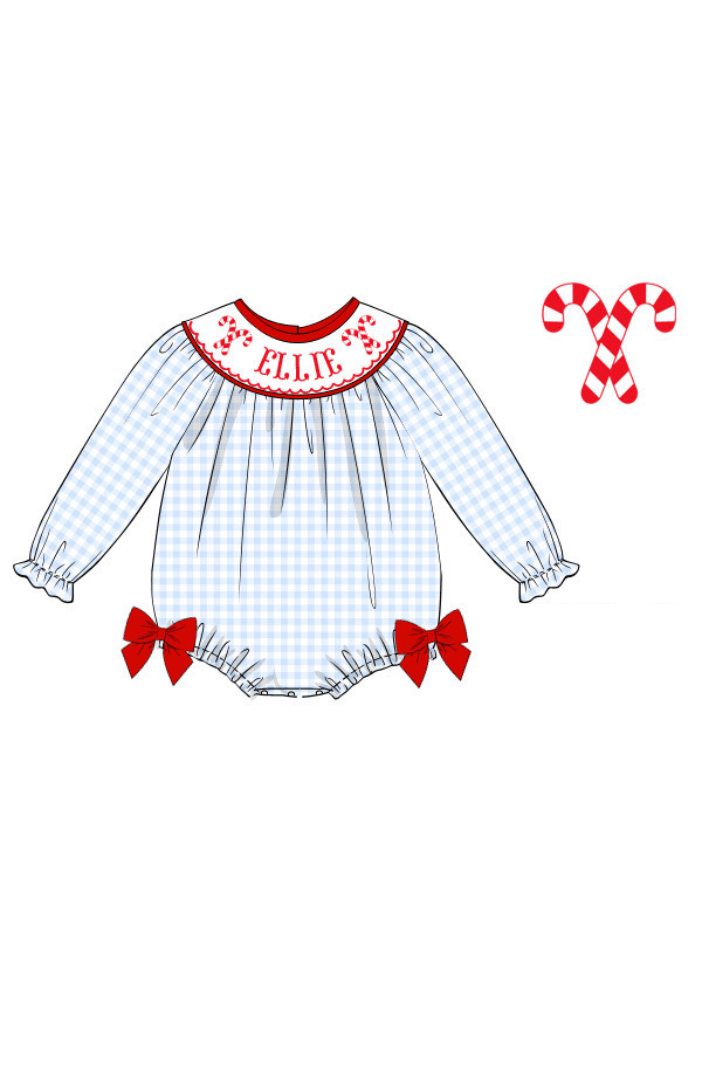 The Smocked Flamingo Pre-Order Hand Smocked Custom Name Candy Cane Bubble-GIRL