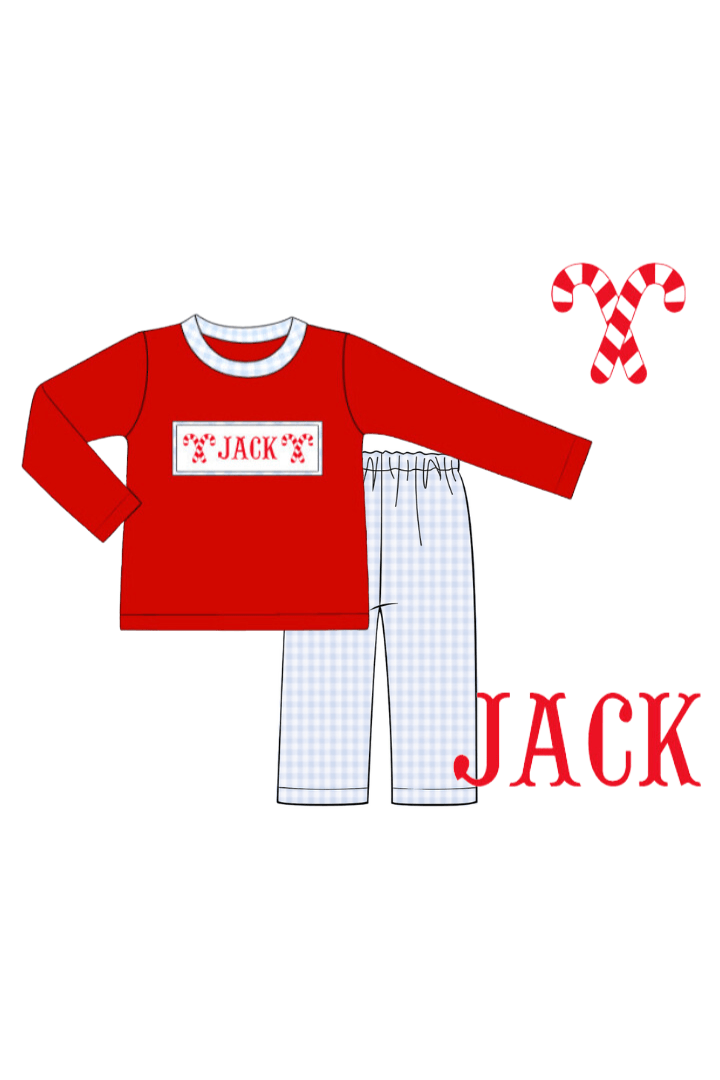 The Smocked Flamingo Pre-Order Hand Smocked Custom Name Candy Cane Red/Gingham Pant Set