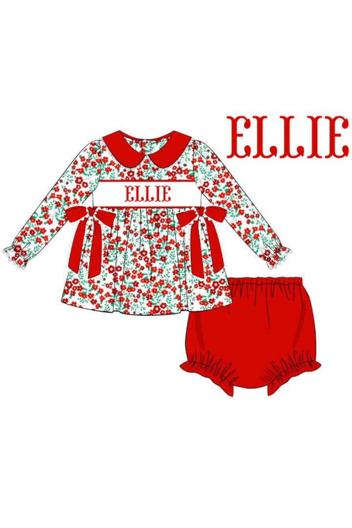 The Smocked Flamingo Pre-Order Hand Smocked Custom Name Christmas Floral Bloomer Set