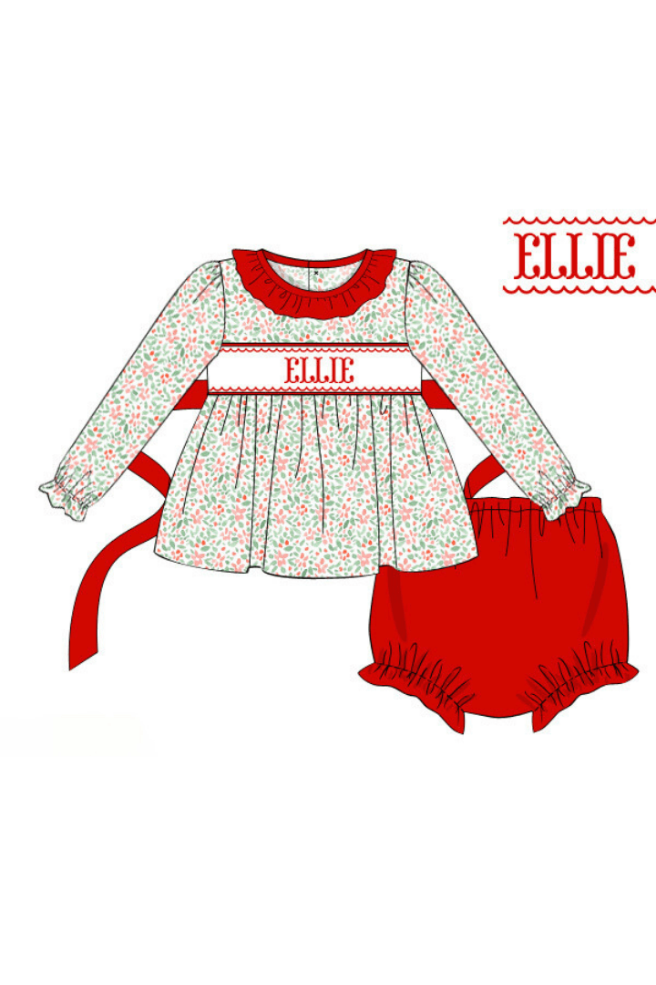 The Smocked Flamingo Pre-Order Hand Smocked Custom Name Christmas Floral Bloomer Set