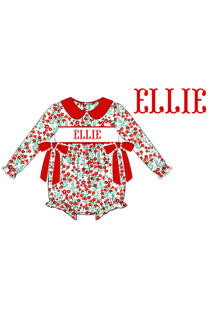 The Smocked Flamingo Pre-Order Hand Smocked Custom Name Christmas Floral Bubble