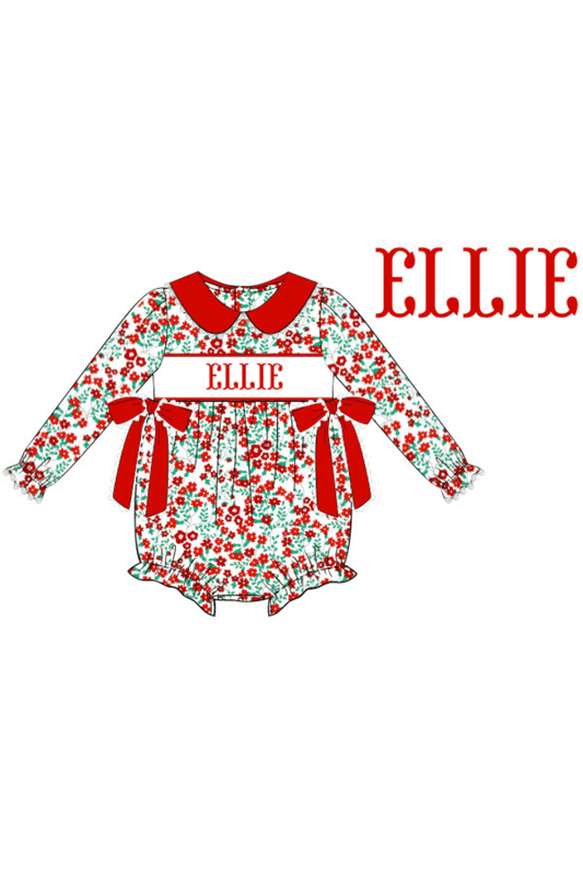 The Smocked Flamingo Pre-Order Hand Smocked Custom Name Christmas Floral Bubble