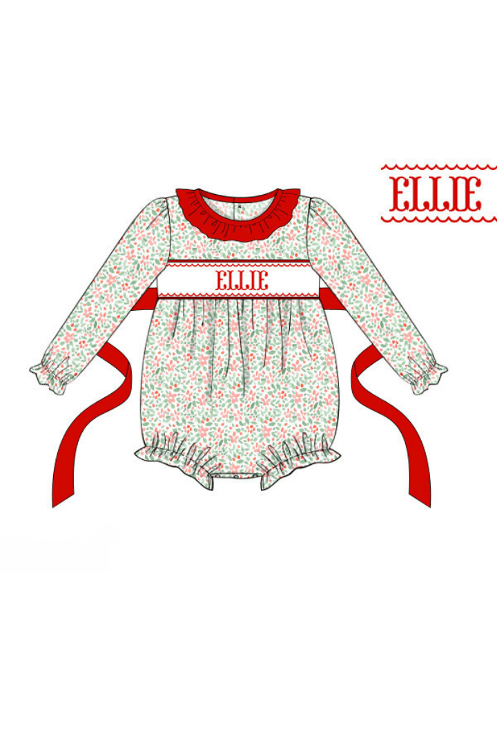 The Smocked Flamingo Pre-Order Hand Smocked Custom Name Christmas Floral Bubble