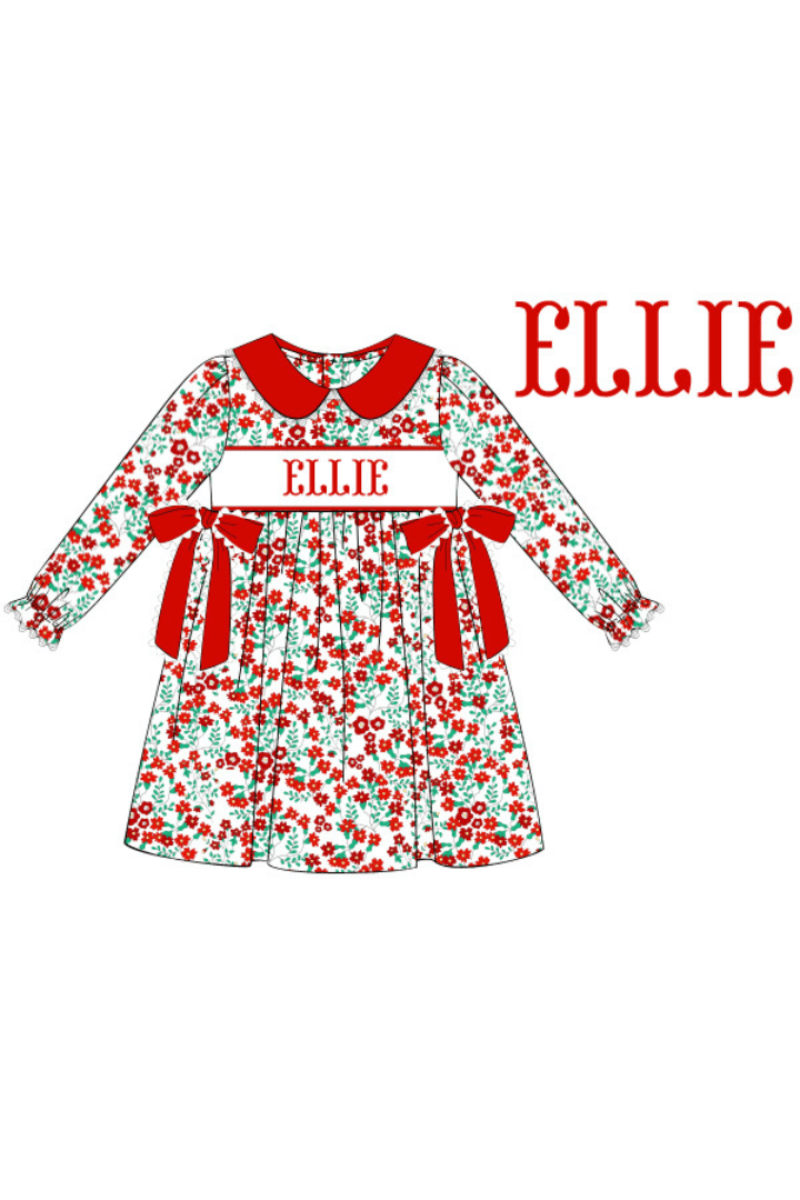 The Smocked Flamingo Pre-Order Hand Smocked Custom Name Christmas Floral Dress