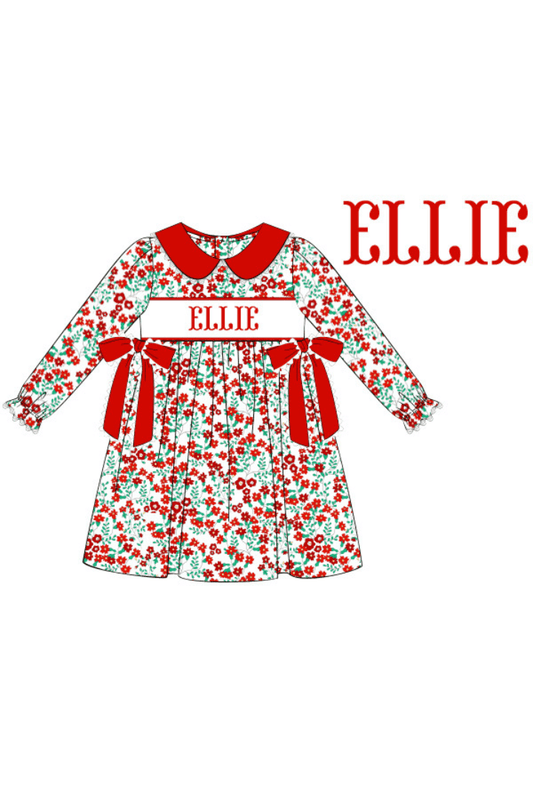 The Smocked Flamingo Pre-Order Hand Smocked Custom Name Christmas Floral Dress