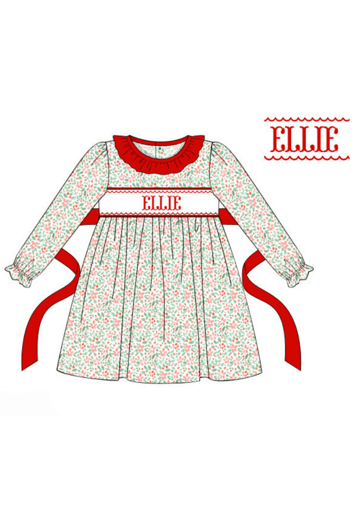The Smocked Flamingo Pre-Order Hand Smocked Custom Name Christmas Floral Dress