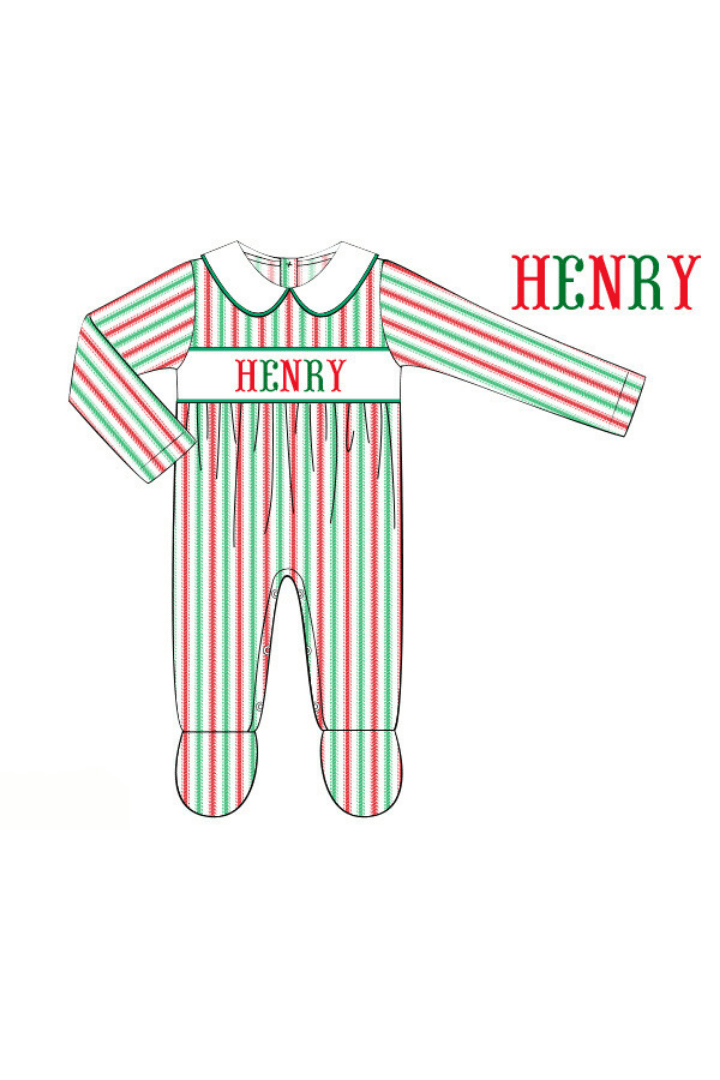 The Smocked Flamingo Pre-Order Hand Smocked Custom Name Christmas Stripe Footed Romper